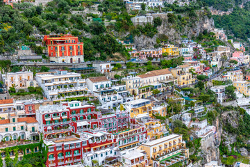 Italy, Positano, view of the houses on the hill