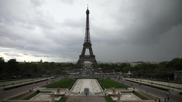 Aerial view of Tower Eiffel on beautiful cloudy sky in Paris, France