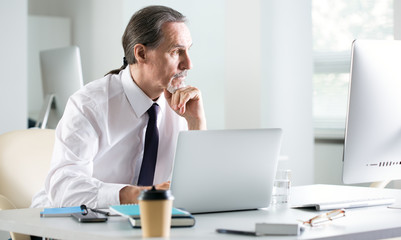 Portrait of senior businessman using laptop