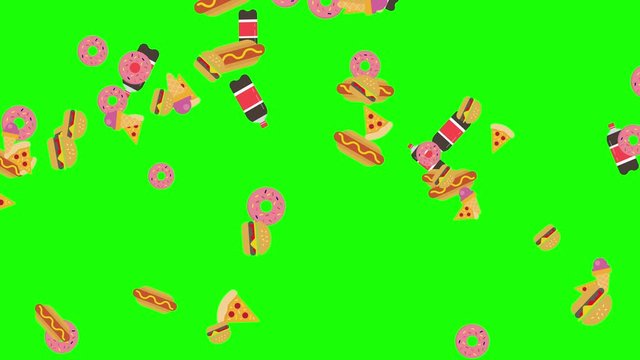 Fast food cartoon style falling on green screen background. Soda bottles, hot dogs, donuts, pizza, burgers, ice creams rain on chroma key. Birthday party DRIVE THRU unhealthy diet concept. Animation