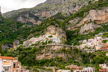 Italy, Positano, view of the houses on the hill