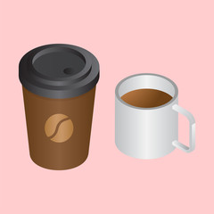 Coffee cups in 3d style on pink background.