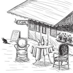 French Street Cafe, Hand drawn on white background. Vector Illustration