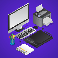 Workplace of 3d Graphic designing tools like as computer with printer, graphic tablet, pen holder on purple background.