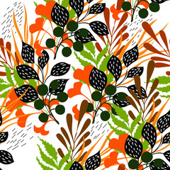 Seamless colorful pattern with plants on white background