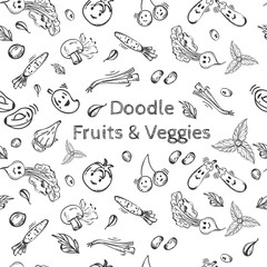 Fototapeta premium Black doodle style fruit and veggies background.