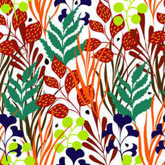 Seamless colorful pattern with plants on white background