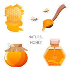 Bee, honeycomb, wooden honey dipper, glass jar full of honey.