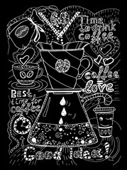 An alternative way to brew coffee through a paper filter, pouver, funnel, dripper. Vector doodle drawing with the image of coffee accessories, for the design of a cafe, restaurant, menu, flyer,