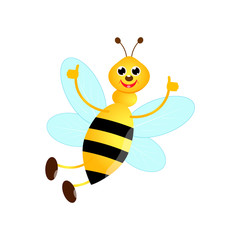 Bee, honeycomb, wooden honey dipper, glass jar full of honey.