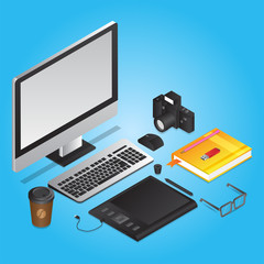 3D illustration of graphic designer tools like as computer with graphic tablet, book, camera, coffee cup and eye glasses on blue workplace background.