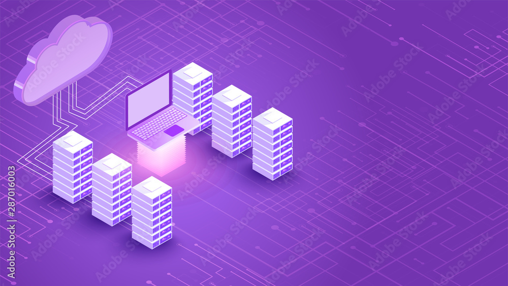 Poster 3d illustration of cloud server connected with database and laptop between glowing rays on purple di