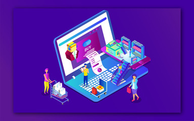 3D illustration of Online shopping or payment from laptop and smartphone with users character on purple background can be used as web poster design.