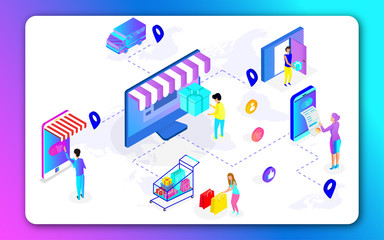 3D illustration of Online shopping app in computer and smartphone, truck delivery the order with help of map navigation to the destination point for online customer service.