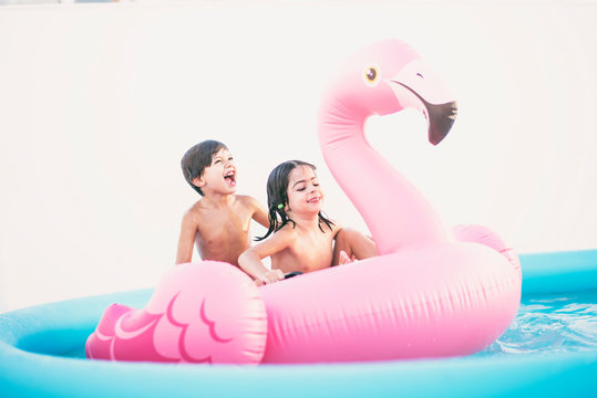 Flamenco summer funny for little kids at home garden pool