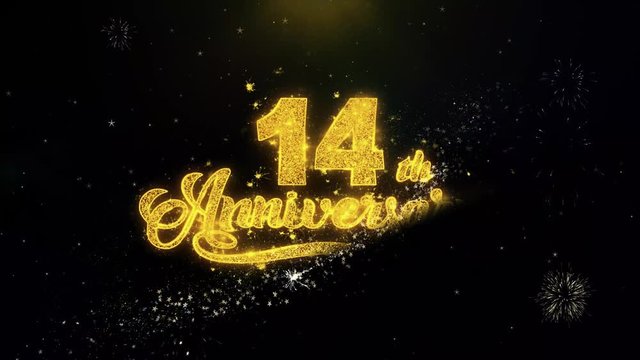 14th Happy Anniversary Written Gold Glitter Particles Spark Exploding Fireworks Display 4K . Greeting card, Celebration, Party Invitation, calendar, Gift, Events, Message, Holiday, Wishes Festival