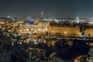 Fototapeta na wymiar Shining Prague castle and Charles bridge in the night summer time, Czech Republic, Europe, travel tour tourism