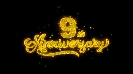 9th Happy Anniversary Typography Written with Golden Particles Sparks Fireworks Display 4K. Greeting card, Celebration, Party Invitation, calendar, Gift, Events, Message, Holiday, Wishes Festival