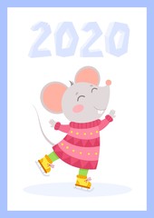 New Year 2020 cute mouse flat vector greeting card template. Little rat wearing knitted clothes and ice numbers cartoon illustration. Rodent ice skating winter poster, postcard design