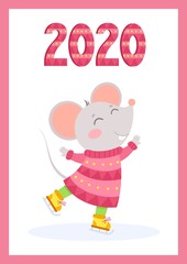 New Year 2020 cute mouse flat vector greeting card template. Little rat wearing knitted clothes and knitted numbers cartoon illustration. Rodent ice skating winter poster, postcard design