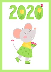 New Year 2020 flat vector poster with mouse template. Little rat holding flowers bouquet character. Numbers with tulips cartoon illustration. Spring holiday  postcard, greeting card design
