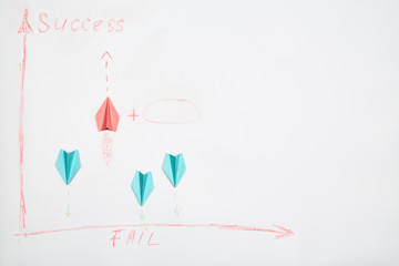 Business success and fail concept. Solution, rivalry and challenge. Colorful paper planes on a white background