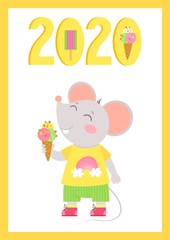 Obraz premium New Year 2020 flat vector poster with mouse template. Little mouse with ice cream in a hand. Numbers with ice cream cartoon illustration. Summer holiday postcard, greeting card design.