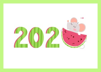 2020 year flat vector banner with mouse template. Little rat hugging watermelon numbers cartoon illustration. Summertime season poster. Rodent children greeting card, postcard design