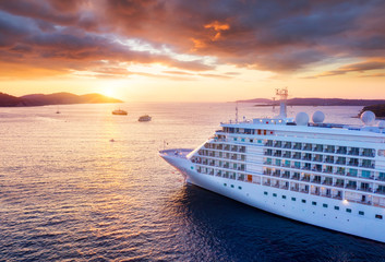 Croatia. Aerial view at the cruise ship during sunset. Adventure and travel.  Landscape with cruise liner on Adriatic sea. Luxury cruise. Travel - image
