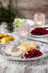 Obraz na płótnie Canvas Christmas dinner with turkey and cranberry sauce