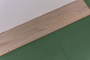 Installation laminate in the room, sheets environmentally friendly underfloor and laminate or parquet