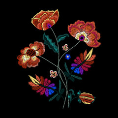 Embroidery folk pattern with wild flowers. Vector embroidered floral patch