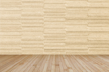 Modern marble tile wall pattern background in light cream beige color with wooden floor in yellow cream tone