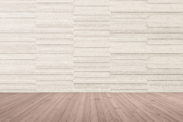 Marble tile wall pattern background in light cream beige color with wooden floor in red brown