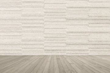 Granite tile wall pattern textured background in light sepia cream beige color with wooden floor in sepia grey tone