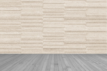Granite tile wall in light cream beige brown color with wooden floor in dark grey