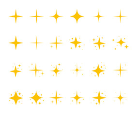 Yellow sparkling stars, shiny flashes of fireworks. Set of star elements with various glowing light effects.