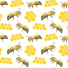 Watercolor apiculture seamless pattern. Hand drawn honeycomb and bees isolated on white background. Design for textile, fabrics, decoration, food wrapping decor.
