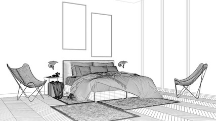 Blueprint project draft, minimalist bedroom, bed with pillows and blankets, parquet, bedside tables and carpet, large panoramic window, modern architecture concept idea