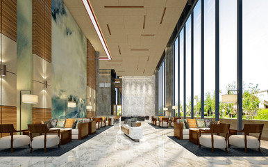 3d render of luxury hotel reception hall and lobby