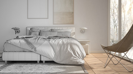 Architect interior designer concept: unfinished project that becomes real, minimalist bedroom, bed with pillows and blankets, parquet, bedside tables and carpet, large panoramic window
