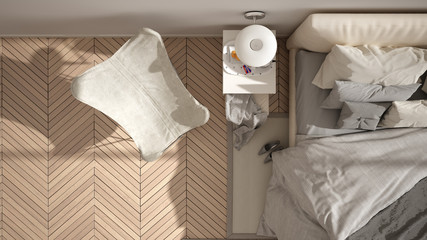 Modern white minimalist bedroom, double bed with pillows and blankets, herringbone parquet floor, bedside tables, armchair and carpet. Architecture, interior design concept, top view