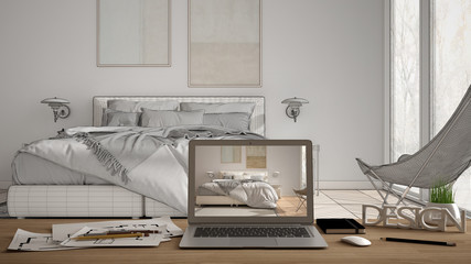 Architect designer desktop concept, laptop on wooden work desk with screen showing interior design project, blueprint draft background, modern white bedroom with wooden floor