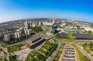 Katowice, Poland - Panorama, drone shot - buildings and streets in city center