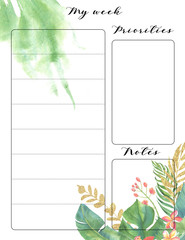 Planner with tropical leaves and flowers