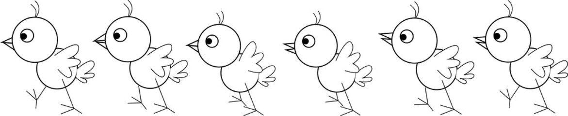 Set of chick cartoon images. Vector illustration. Black and white color.For teaching media, making books for children.