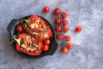 Stuffed peppers minced meat with vegetables in the Mexican style. Bulgarian pepper. The view from the top. The view from the top. National cuisine - 287025853