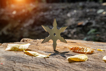 Shuriken (throwing star), traditional japanese ninja cold weapon stuck in wooden background