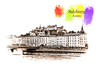 Salzburg , Austria - Vintage travel sketch.