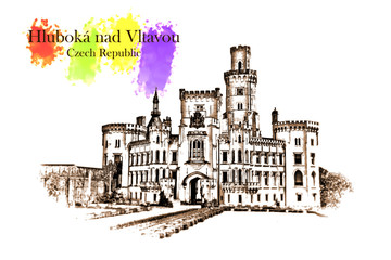 Obraz premium Hluboka nad Vltavou, Czech Republic - Vintage travel sketch.